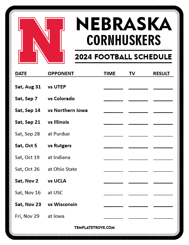 Printable 2024 Nebraska Cornhuskers Football Schedule