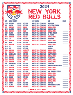 New York Red Bulls 2024
 Printable Soccer Schedule - Central Times