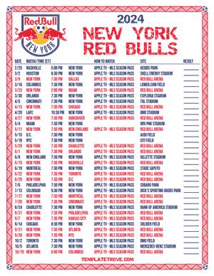 New York Red Bulls 2024
 Printable Soccer Schedule