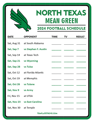North Texas Mean Green
 Football 2024
 Printable Schedule - Style 3