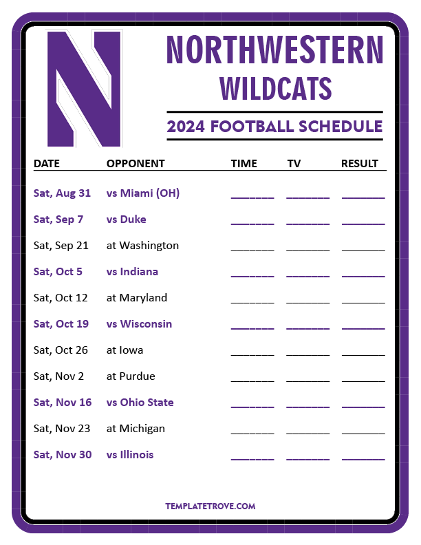 Printable 2024 Northwestern Wildcats Football Schedule