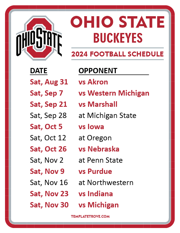 Printable 2024 Ohio State Buckeyes Football Schedule