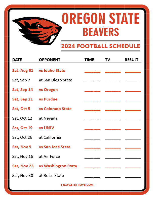 Printable 2024 Oregon State Beavers Football Schedule
