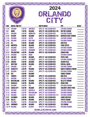 Orlando City 2024
 Printable Soccer Schedule - Pacific Times