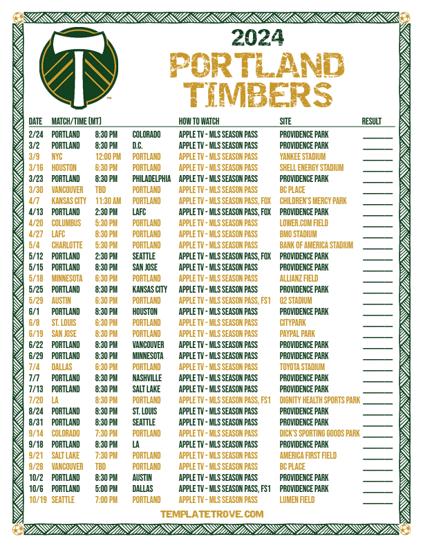 Printable 2024 Portland Timbers Soccer Schedule MT 