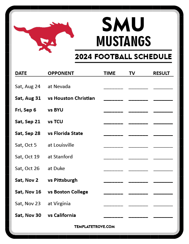 Printable 2024 SMU Mustangs Football Schedule