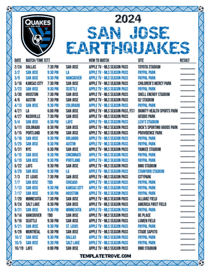 San Jose Earthquakes 2024
 Printable Soccer Schedule - Central Times