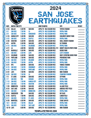 San Jose Earthquakes 2024
 Printable Soccer Schedule - Pacific Times