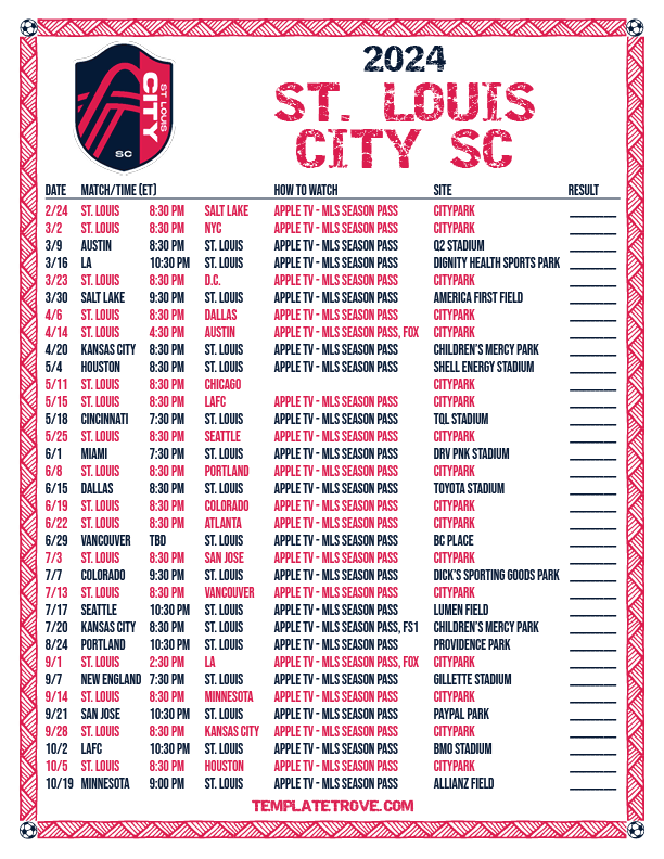 Printable2024 St Louis City SC Soccer Schedule