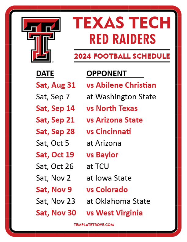 Texas Tech Football Schedule 2025 Schedule 2025 Sander E Lauritsen