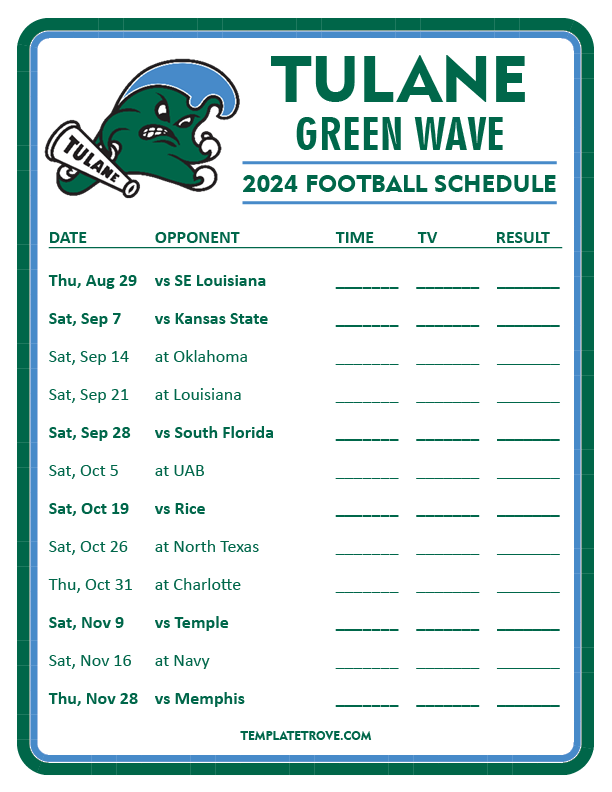 Printable 2024 Tulane Green Wave Football Schedule