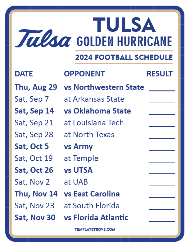 Printable 2024 Tulsa Golden Hurricane Football Schedule