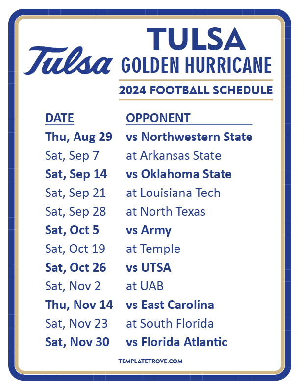 Printable 2024 Tulsa Golden Hurricane Football Schedule