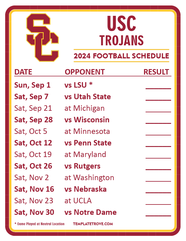 Printable 2024 USC Trojans Football Schedule