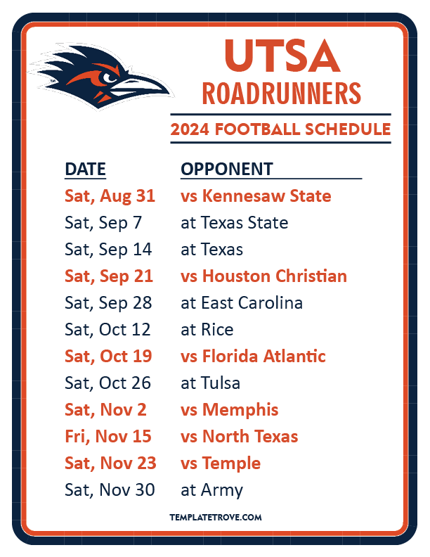 Printable 2024 UTSA Roadrunners Football Schedule