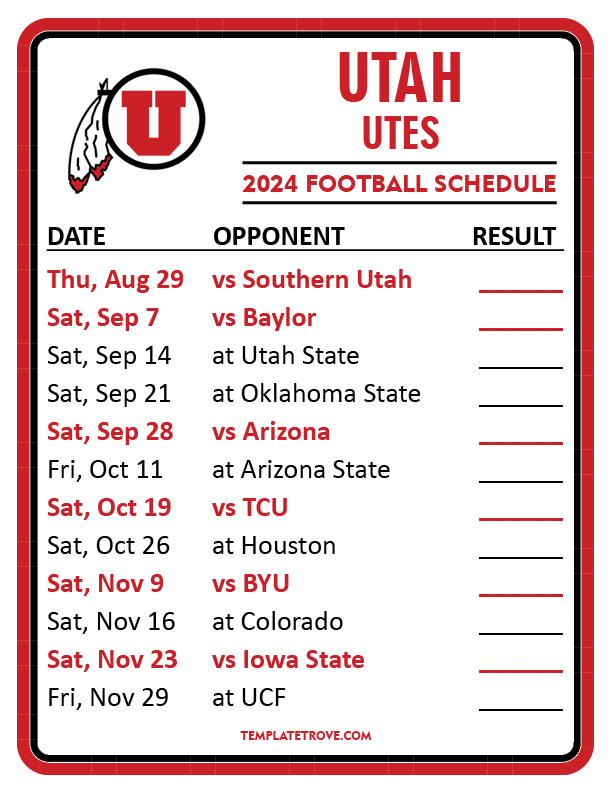 Printable 2024 Utah Utes Football Schedule