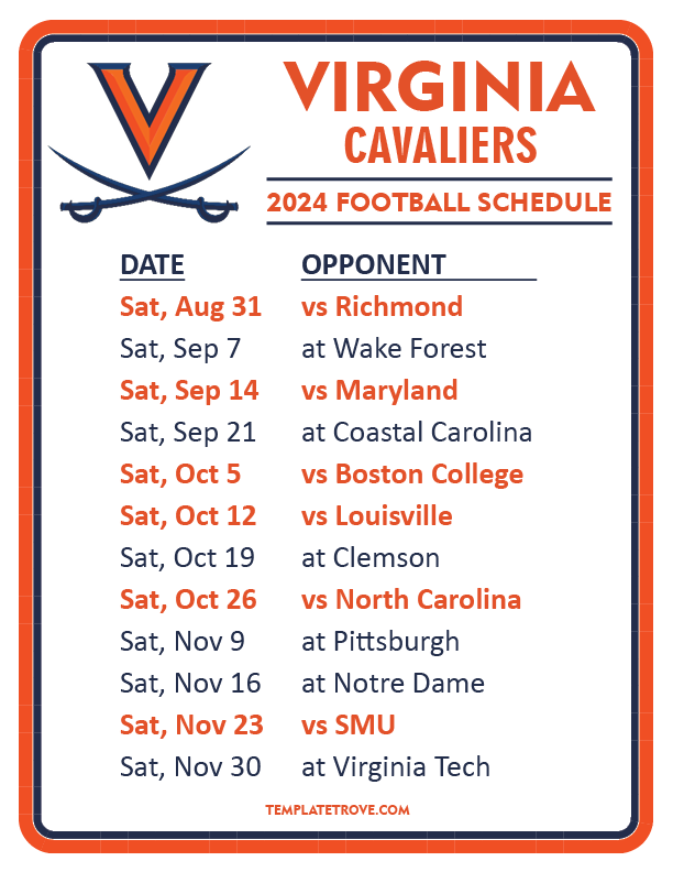 Printable 2024 Virginia Cavaliers Football Schedule Printable 2024 Virginia Cavaliers Football Schedule