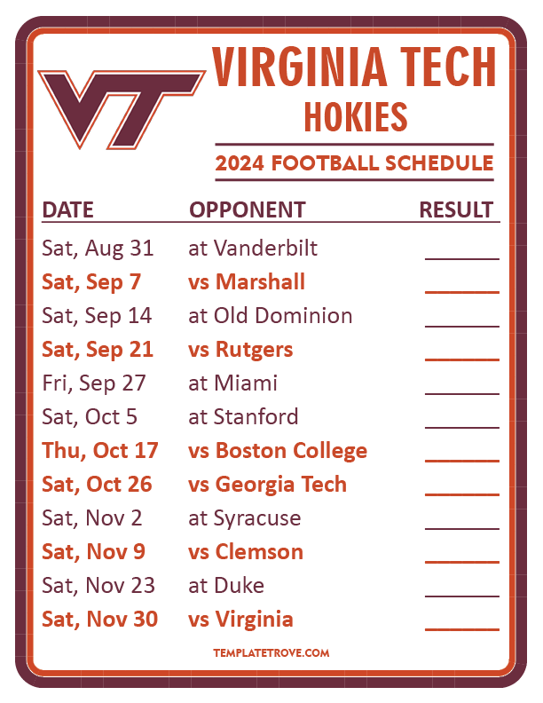 Printable 2024 Virginia Tech Hokies Football Schedule