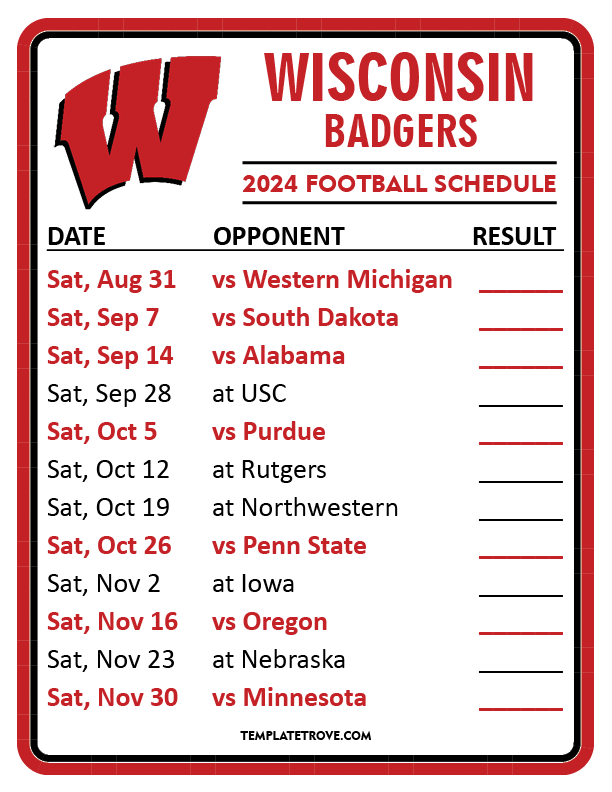 Printable 2024 Wisconsin Badgers Football Schedule