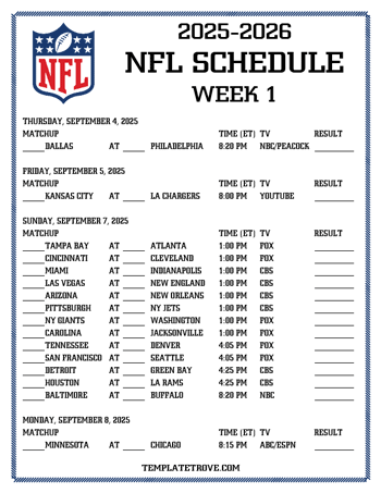 Printable 2025-2026 NFL Weekly Schedules