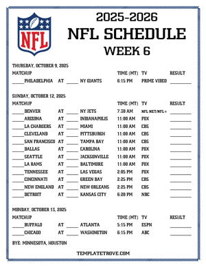 Printable 2025-26 NFL Schedule Week 6 - Mountain Times
