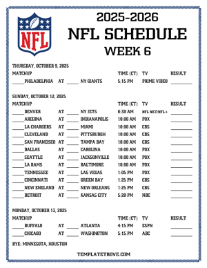 Printable 2025-26 NFL Schedule Week 6 - Pacific Times