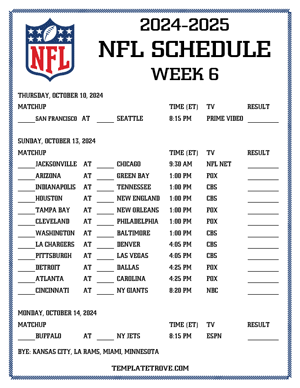 Printable 2025-26 NFL Schedule Week 6