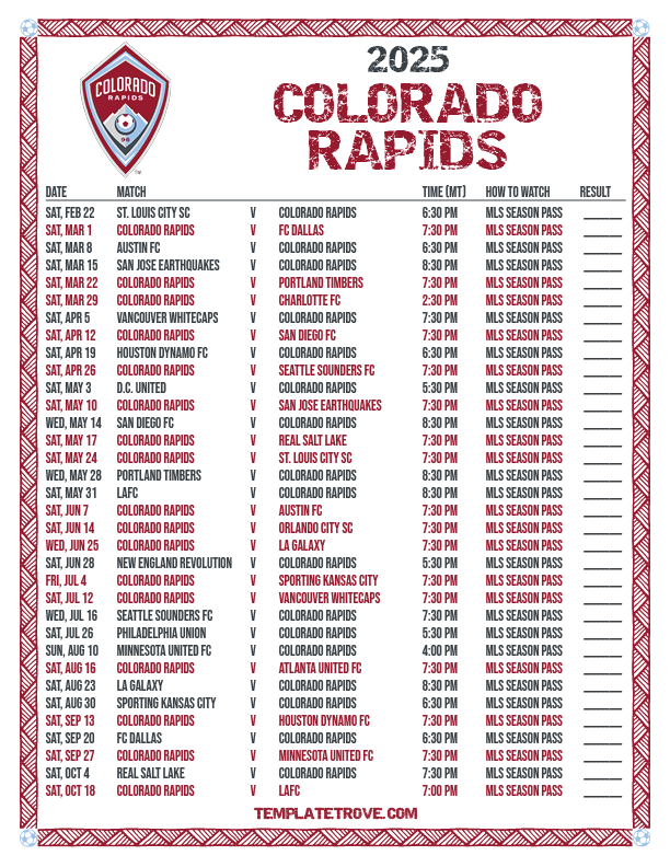 Printable2025 Colorado Rapids Soccer Schedule