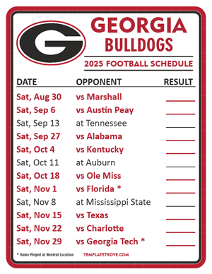 Georgia Bulldogs Football 2025
 Printable Schedule  - Style 2