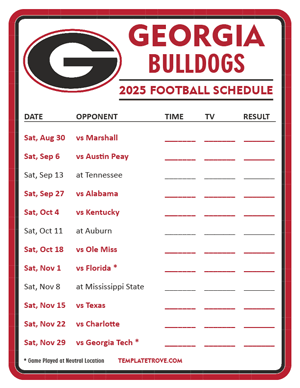 Georgia Bulldogs Football 2025
 Printable Schedule - Style 3