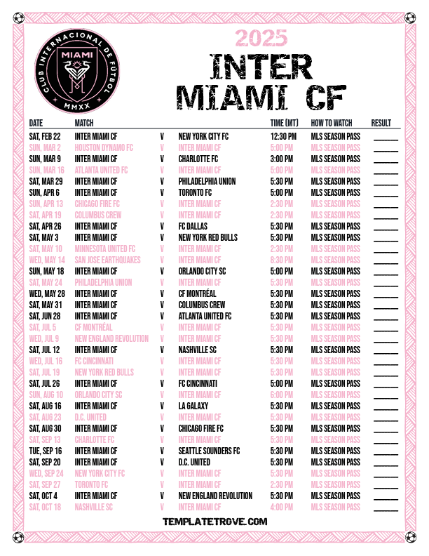 Printable2025 Inter Miami CF Soccer Schedule