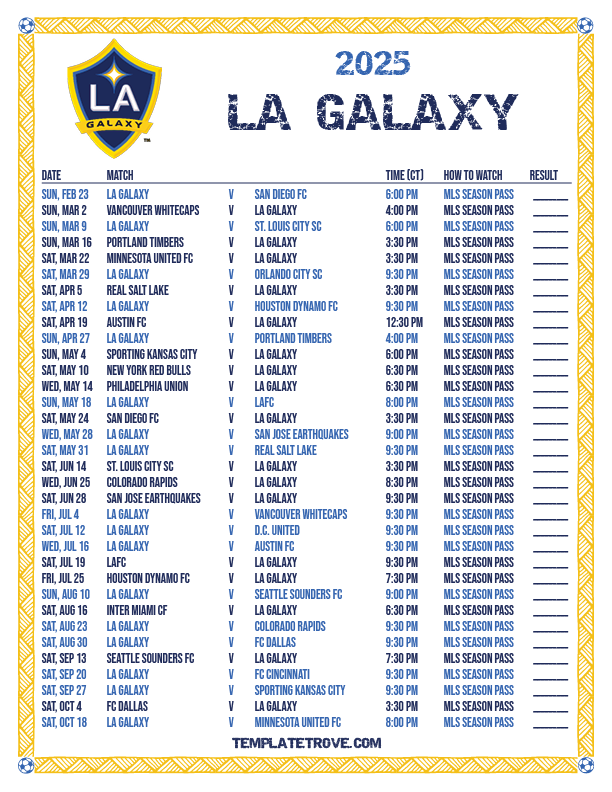 Printable2025 LA Galaxy Soccer Schedule