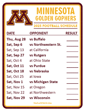 Minnesota Golden Gophers Football 2025
 Printable Schedule  - Style 2