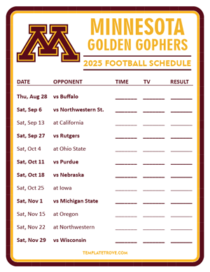 Minnesota Golden Gophers Football 2025
 Printable Schedule - Style 3