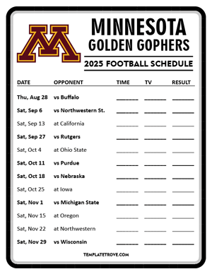 Minnesota Golden Gophers Football 2025
 Printable Schedule - Style 4