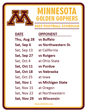 Minnesota Golden Gophers Football 2025
 Printable Schedule