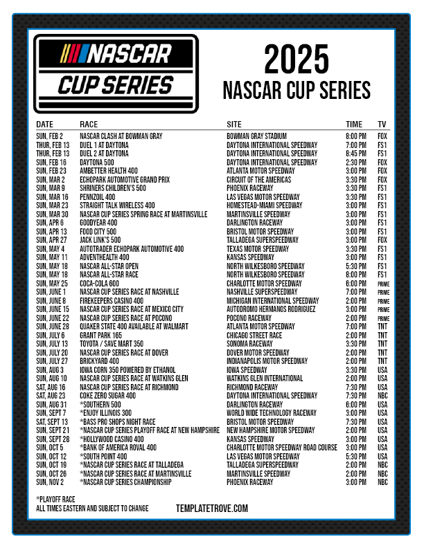 Printable 2025 NASCAR Schedule