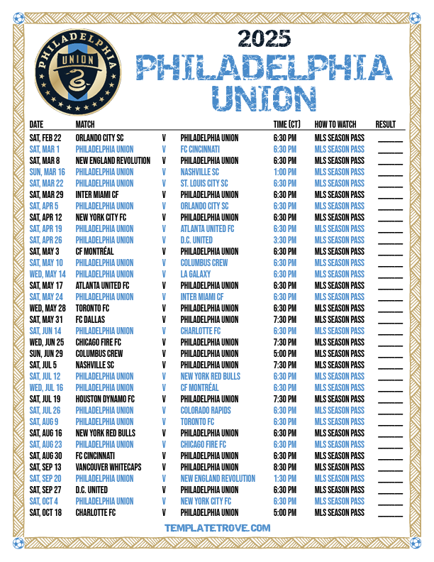 Printable2025 Philadelphia Union Soccer Schedule