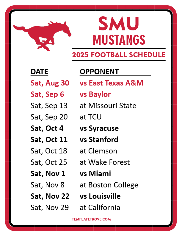 Smu Football Schedule 2025 22 Inch