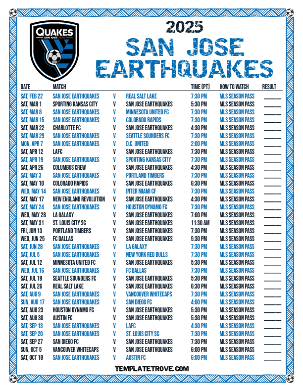 Printable2025 San Jose Earthquakes Soccer Schedule