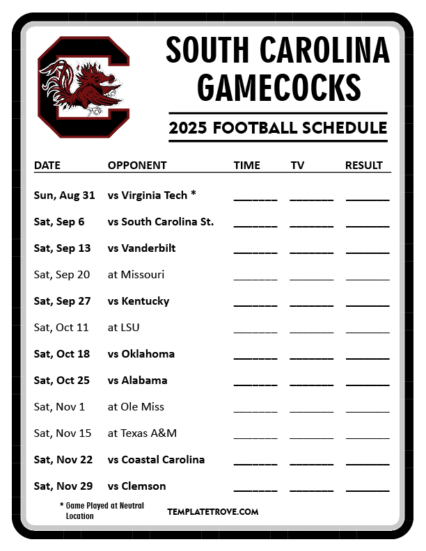 Printable 2025 South Carolina Gamecocks Football Schedule
