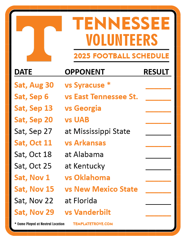 Printable 2025 Tennessee Volunteers Football Schedule Printable 2025 Tennessee Volunteers Football Schedule