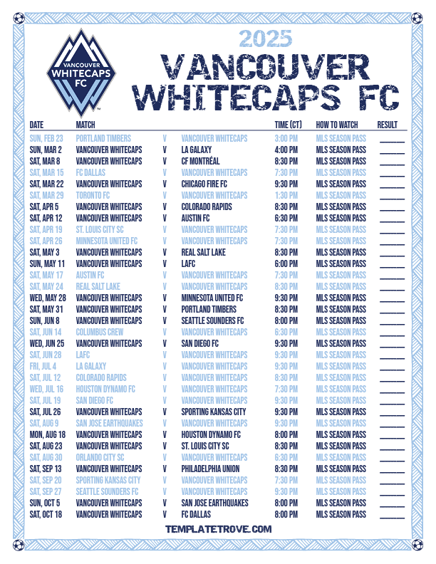 Printable2025 Vancouver Whitecaps FC Soccer Schedule