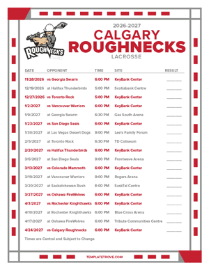 Calgary Roughnecks 2026-27 Printable Schedule - Central Times
