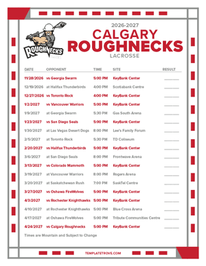 Calgary Roughnecks 2026-27 Printable Schedule - Mountain Times