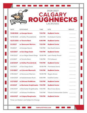 Calgary Roughnecks 2026-27 Printable Schedule