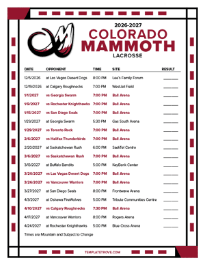 Colorado Mammoth 2026-27 Printable Schedule - Mountain Times