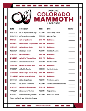 Colorado Mammoth 2026-27 Printable Schedule - Pacific Times