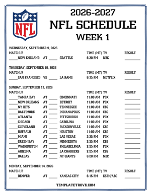 Printable 2026-27 NFL Schedule Week 1 - Mountain Times