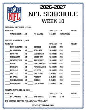 Printable 2026-27 NFL Schedule Week 10 - Central Times